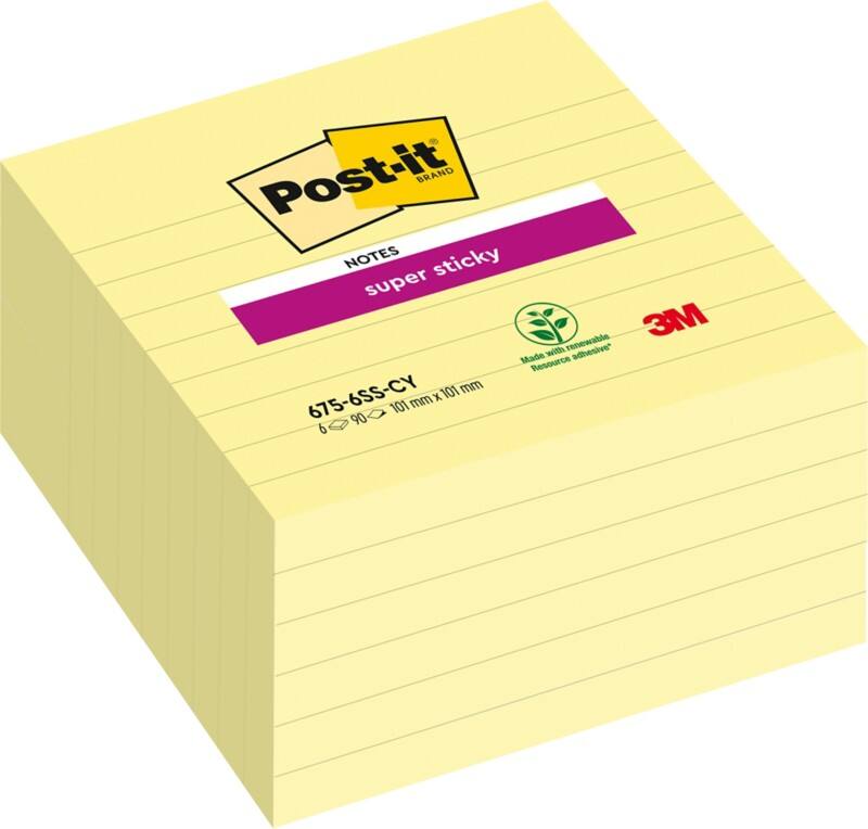Notes Super Sticky Post-it 101 x 101 mm Jaune canari Carré Ligné 6 Blocs de 90 Feuilles