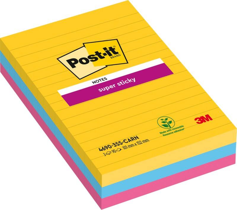 Post-it Rio de Janeiro Super Sticky Notes 101 x 152 mm Kleurenassortiment Rechthoekig Gelinieerd 3 Stuks à 90 Vellen