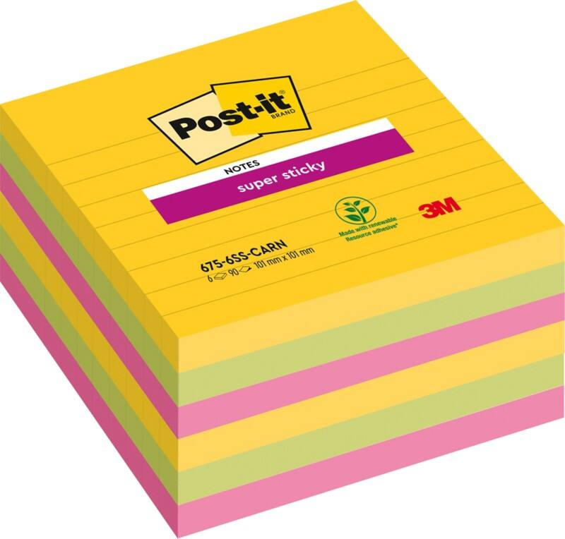 Post-it Rio de Janeiro Super Sticky Notes 101 x 101 mm Kleurenassortiment Vierkant Gelinieerd 6 Stuks à 90 Vellen