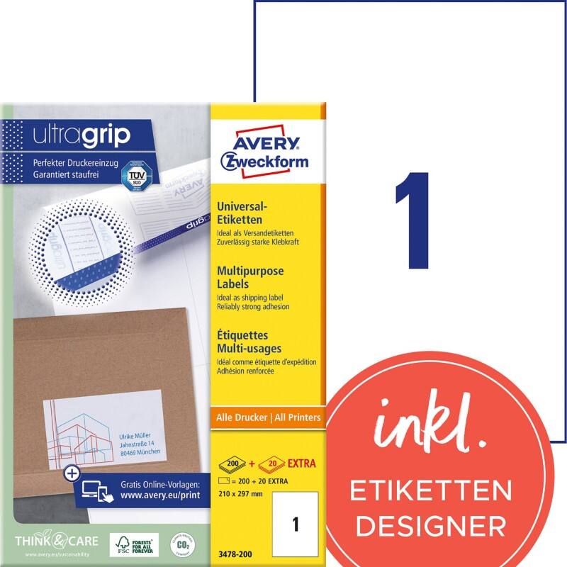 Étiquettes universelles Ultragrip Avery 3478-200 Adhésif A4 Blanc 210 x 297 mm 220 Feuilles de 1 Étiquettes