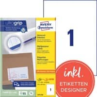 AVERY Zweckform Adresetiketten & Verzendetiketten 3478-200 Ultragrip Wit 210 x 297 mm 220 Vellen à 1 Etiketten