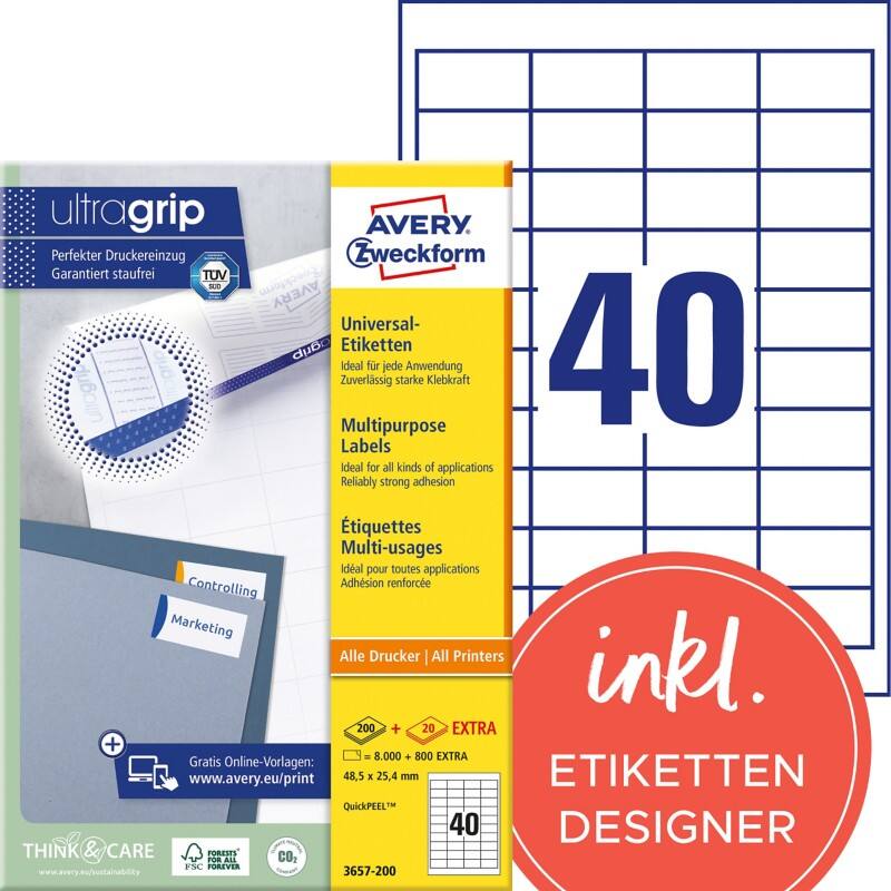 Étiquettes universelles Ultragrip Avery 3657-200 Adhésif A4 Blanc 48.5 x 25.4 mm 220 Feuilles de 40 Étiquettes