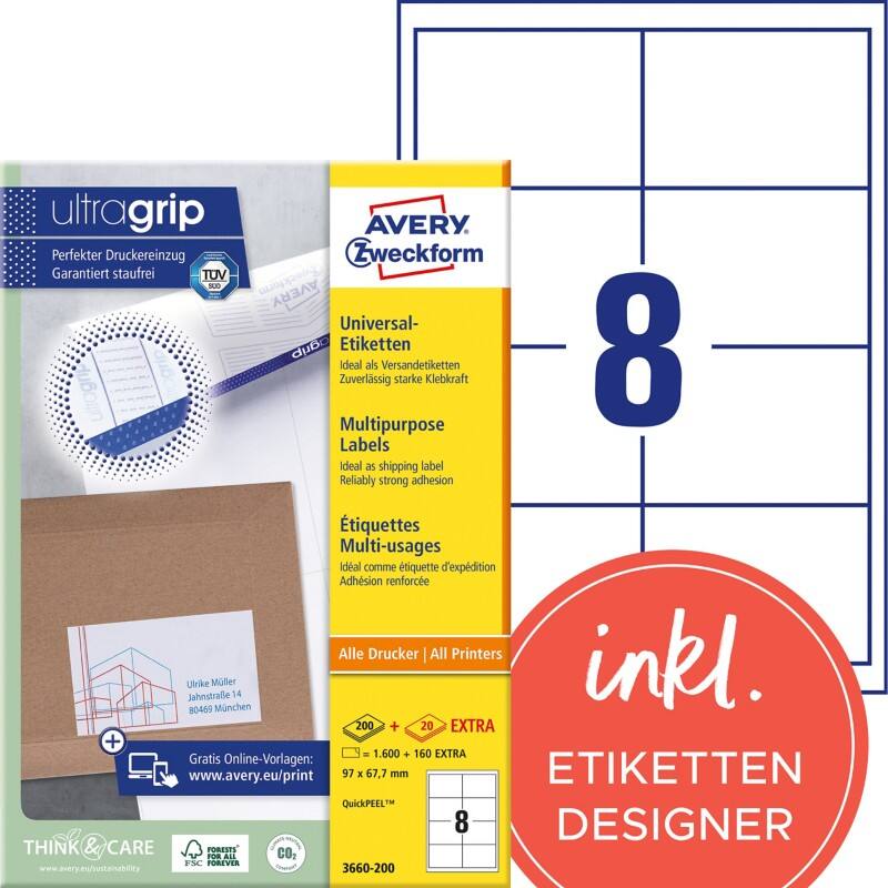 Étiquettes universelles Ultragrip Avery 3660-200 Adhésif A4 Blanc 97 x 67.7 mm 220 Feuilles de 8 Étiquettes