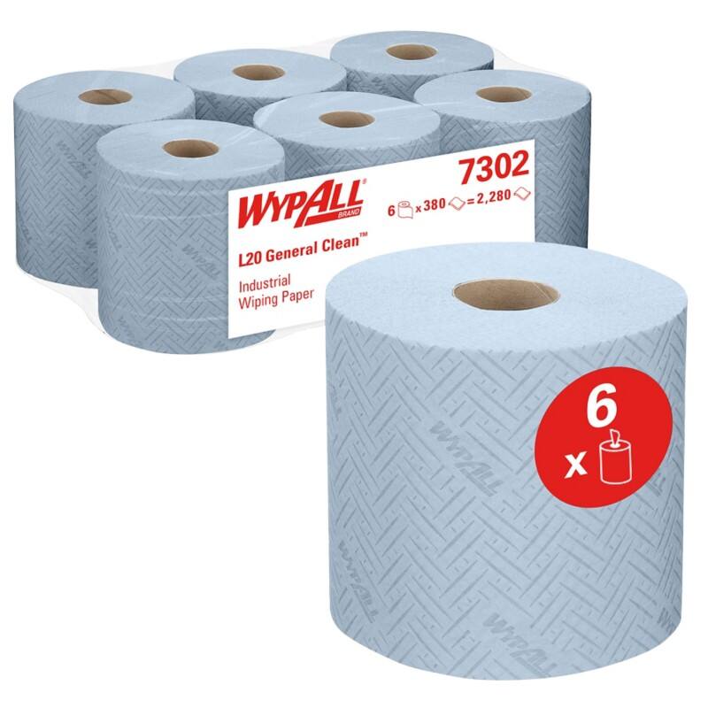 WYPALL L20 Poetspapier Centerfeed Blauw 2-laags 7302 6 Rollen à 380 Vellen