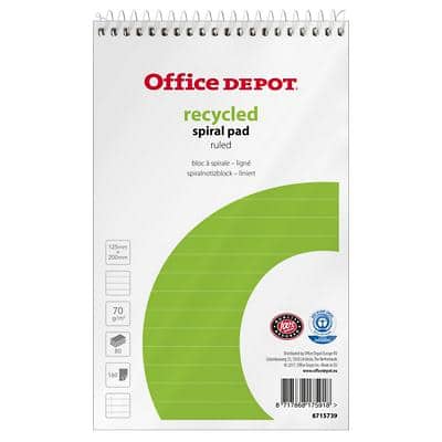 Bloc-notes Office Depot Spécial Ligné Reliure en spirale Papier Couverture souple Blanc Perforé Recycled 160 Pages Paquet 10