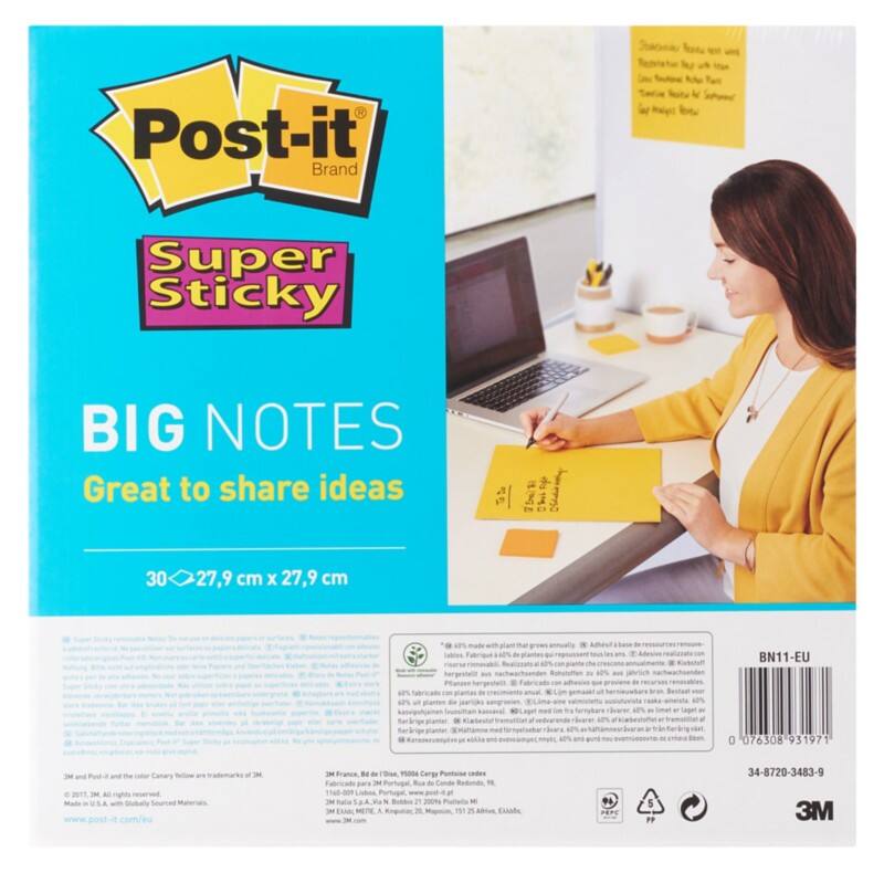 Post-it Super Sticky Notes 279 x 279 mm Geel Vierkant Blanco 30 Vellen